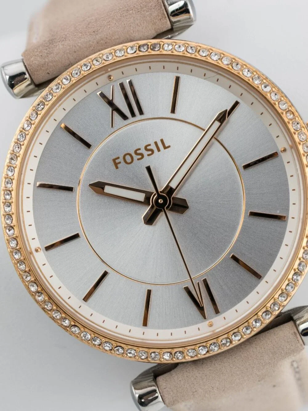 Fossil ES4484 Silver Sunray Dial Leather Quartz Analog Women's Watch New Battery